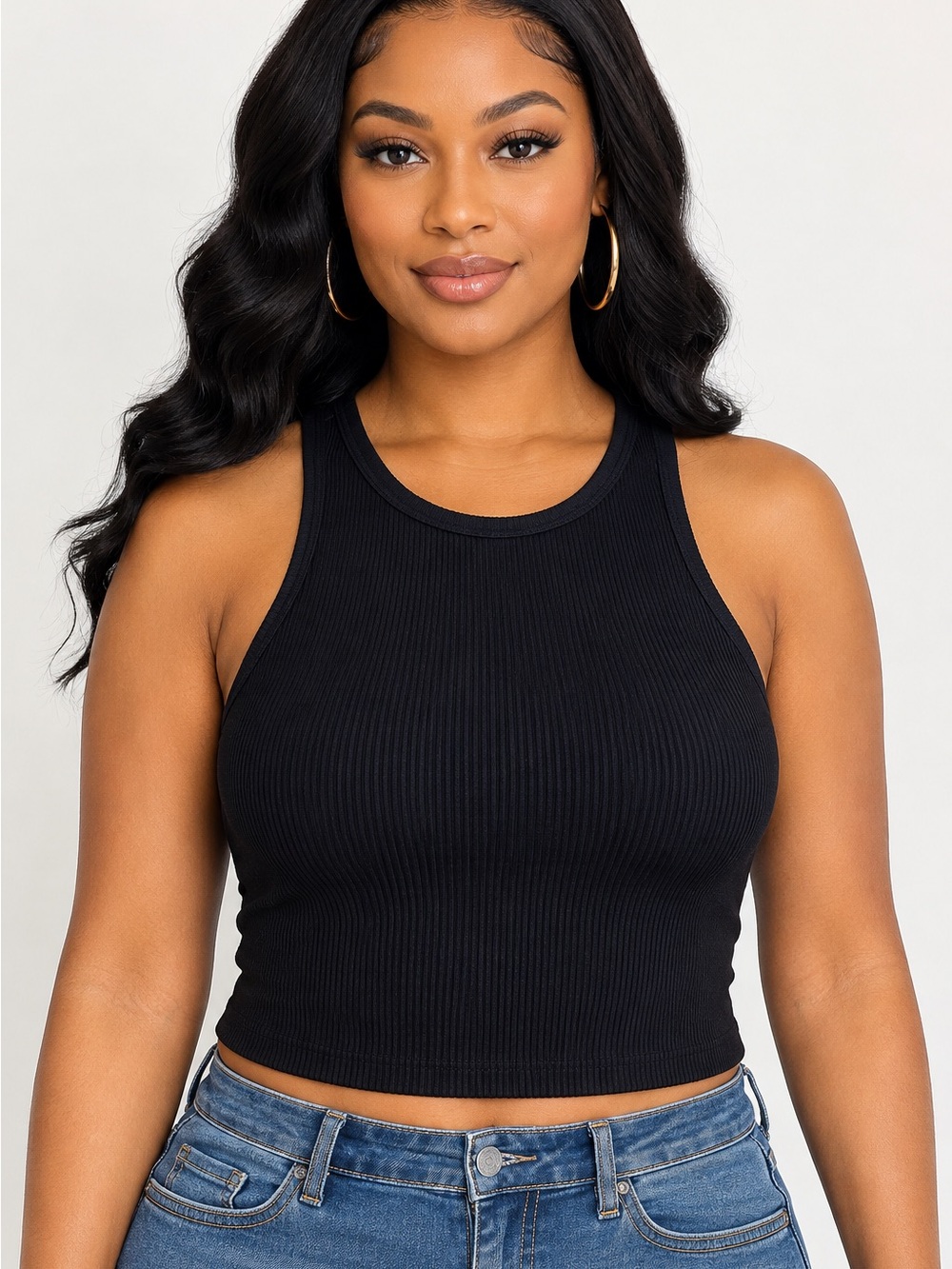 Zenana Black Ribbed High-Neck Crop Tank